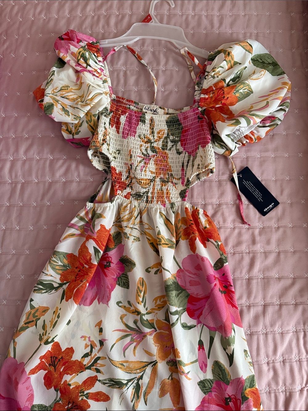 Blush Floral Puff-Sleeve Dress in Pink, Orange & Green